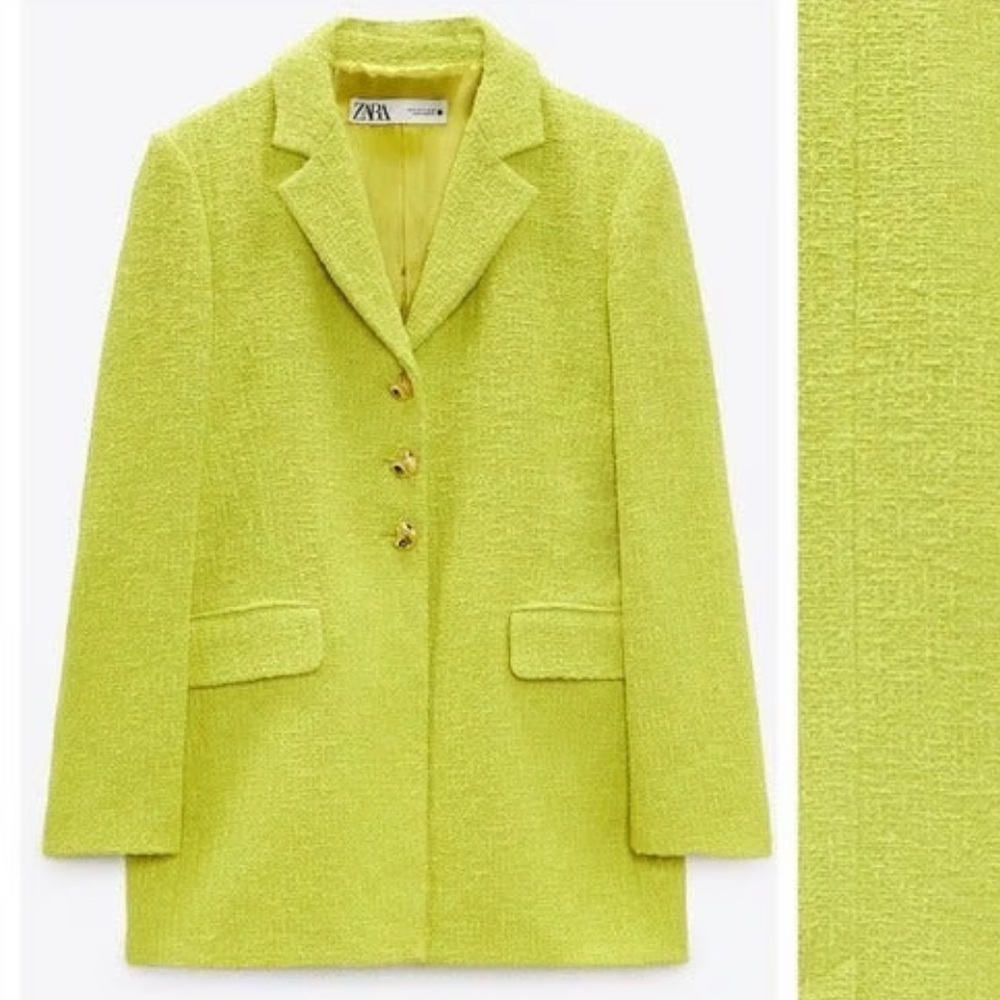 Zara chartreuse‎ women’s textured blazer with gold buttons size medium